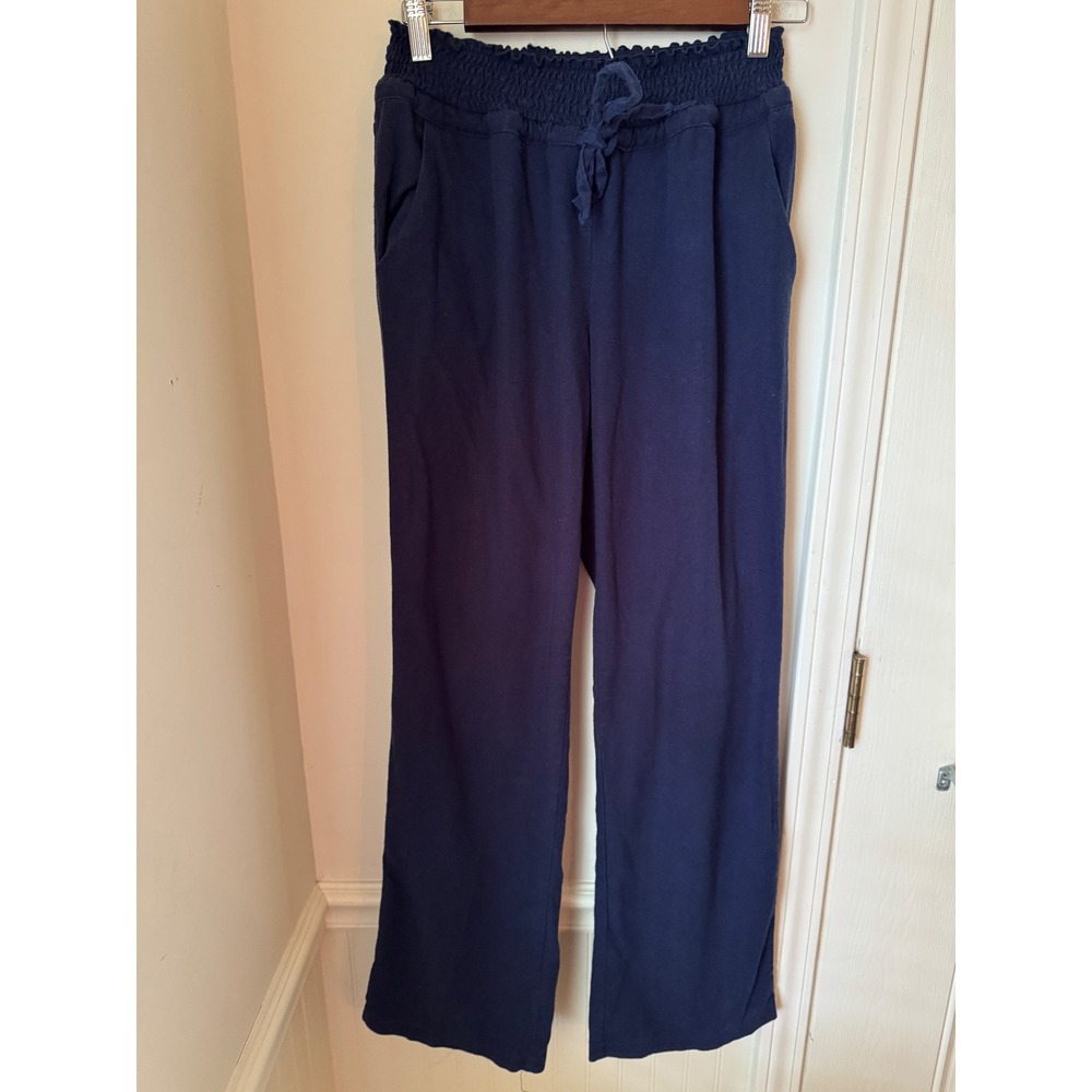 New Look Navy Blue Linen Blend Smocked Waist Straight Leg Pants Medium